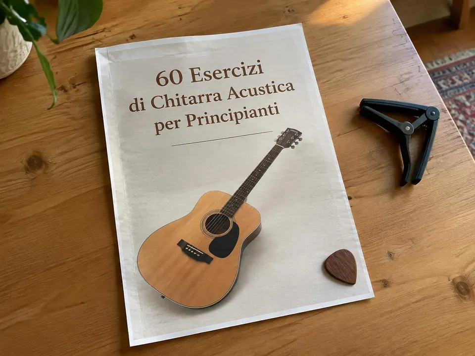 Materiale di chitarra stampato in formato A4 sopra un tavolo